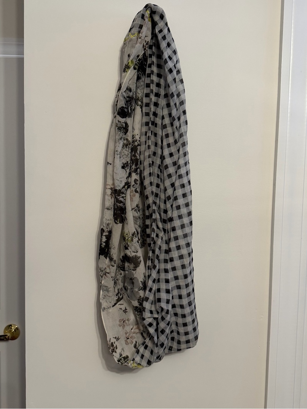 Reversible Black & White Floral and Gingham Scarf